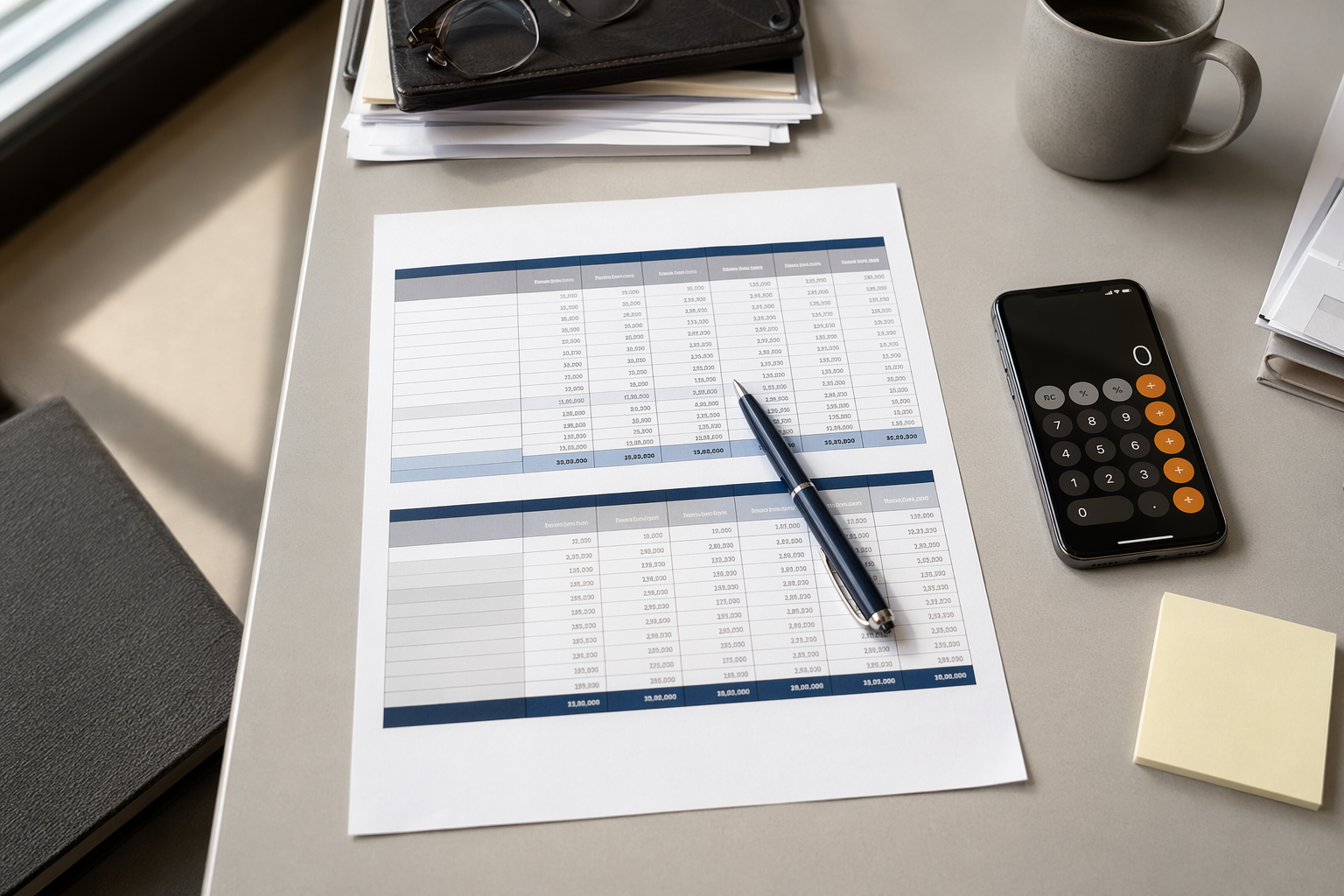 Budgeting Annual Elevator Maintenance Costs Building manager's desk with elevator maintenance cost comparison documents, calculator, and pen representing annual elevator service contract budgeting in Southern California