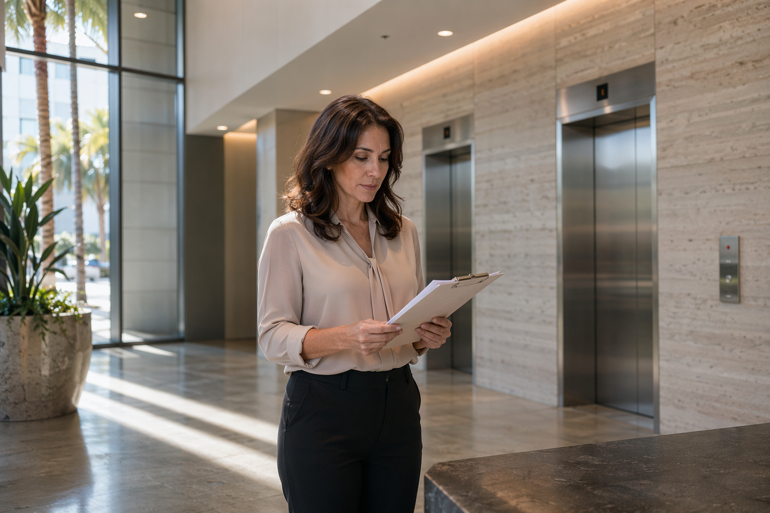 Property manager reviewing elevator maintenance service contract in a Long Beach CA commercial office building lobby with stainless steel elevator doors in background
