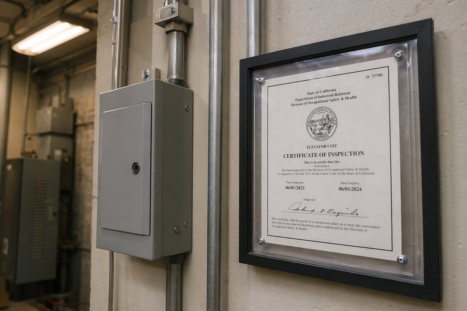 California Elevator Certificate of Inspection in Machine Room California elevator Certificate of Inspection mounted in a machine room, showing the annual compliance document required by Title 8 CCR and Cal/OSHA for elevators in Los Angeles and Orange County.