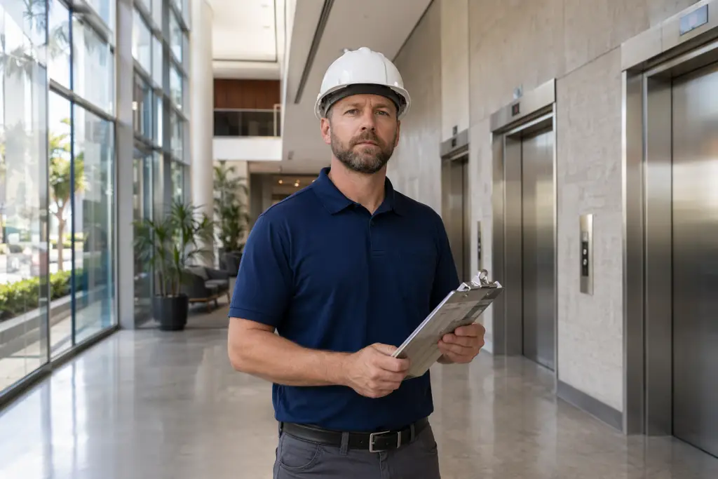 Certified Elevator Inspector holding inspection clipboard in a Southern California commercial office lobby, representing who to contact for elevator inspections required annually under California Titl