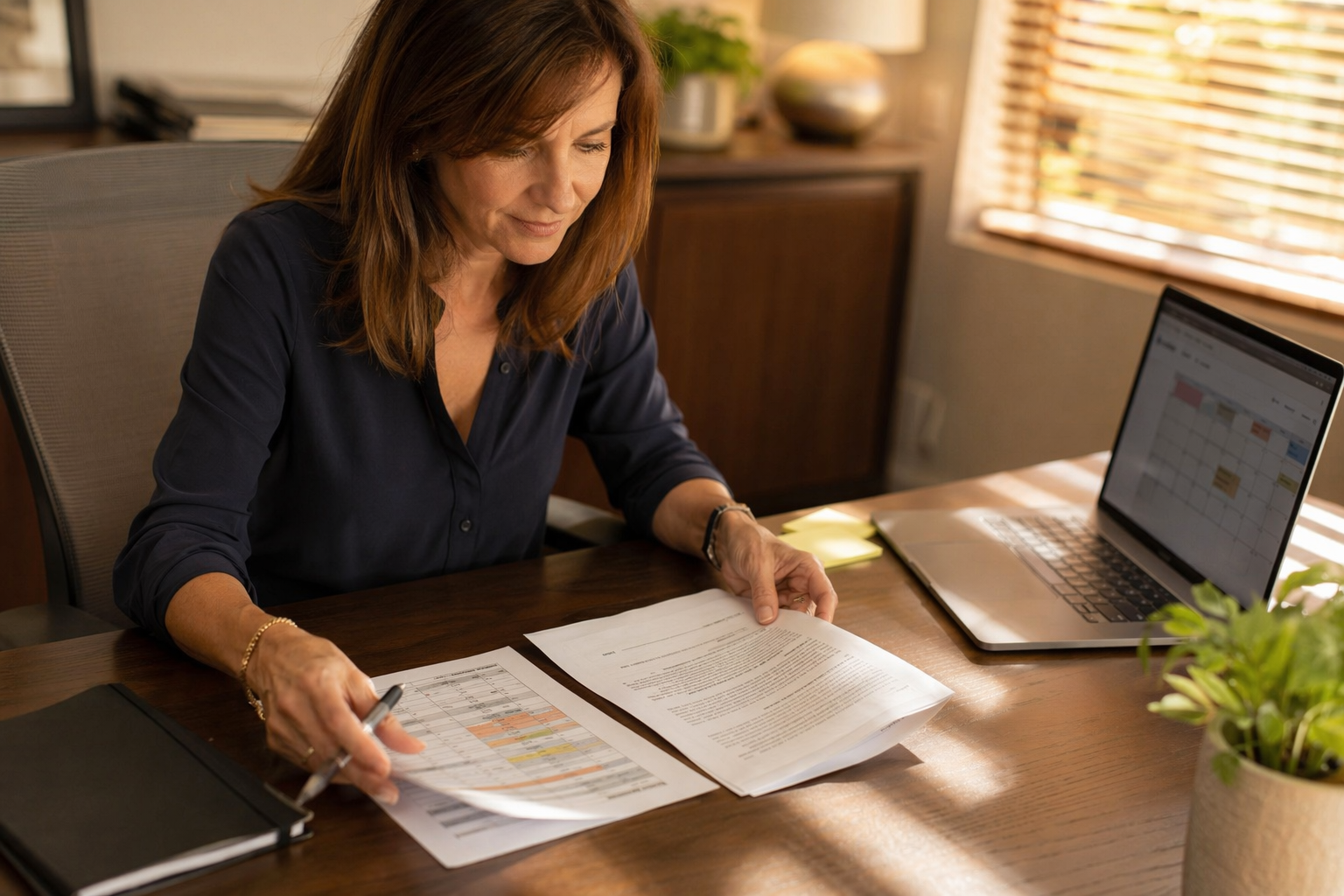 Property Manager Reviewing Elevator Inspection and Maintenance Schedule Building property manager reviewing elevator inspection schedule and maintenance service contract at her desk, representing how to contact and coordinate elevator inspections in Long Beach and Los Ang