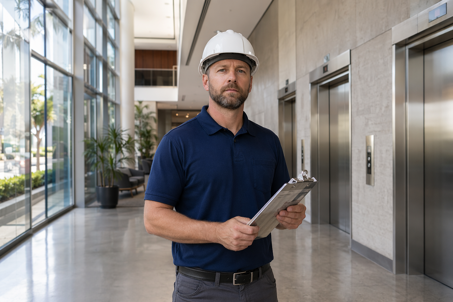Certified Elevator Inspector in California Commercial Lobby Certified Elevator Inspector holding inspection clipboard in a Southern California commercial office lobby, representing who to contact for elevator inspections required annually under California Titl