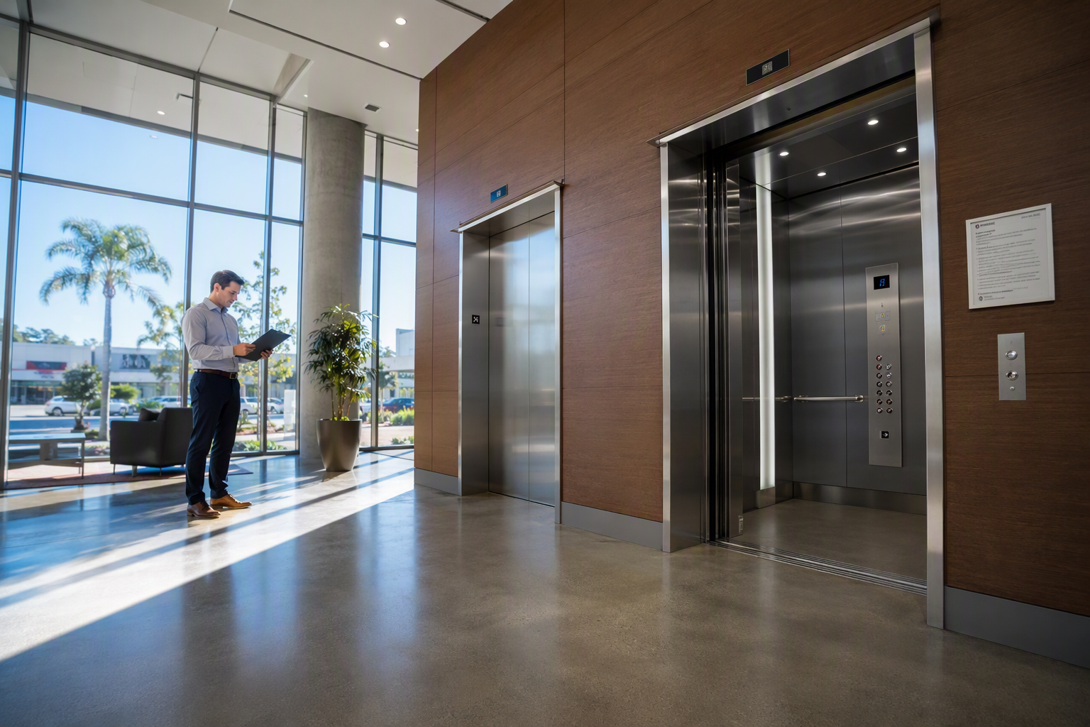 ADA-Compliant Office Building Elevator Lobby Accessible elevator lobby in a Long Beach CA office building showing ADA-compliant elevator doors, cab interior, and control panel height for facility compliance review.
