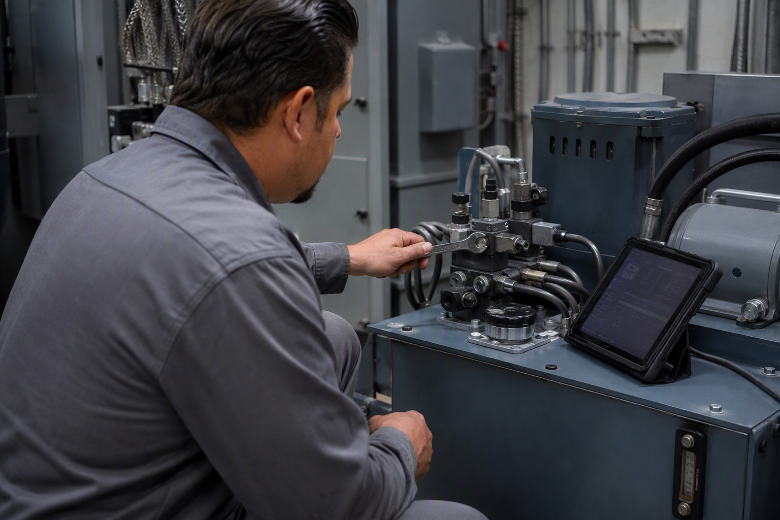 Hydraulic Equipment Servicing — A Key Cost Driver Elevator technician servicing a hydraulic power unit inside a Los Angeles commercial building machine room, illustrating key factors that drive elevator maintenance costs
