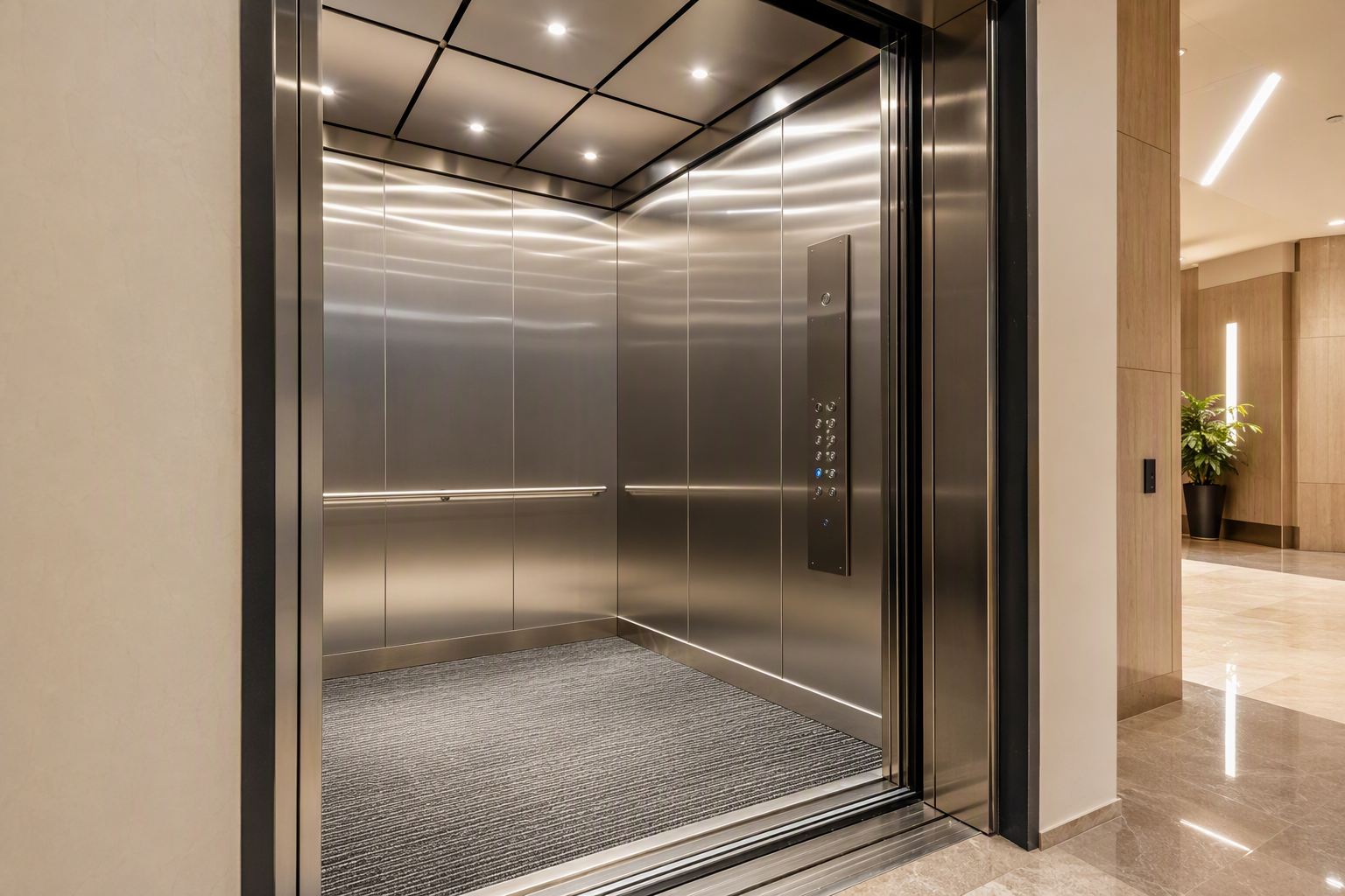Interior of a modernized elevator cab in an Orange County CA office building showing updated LED lighting and stainless-steel finishes that reduce long-term maintenance contract costs