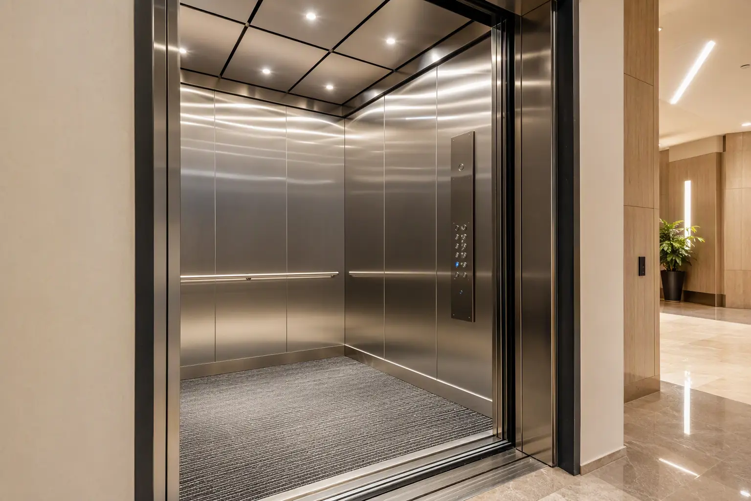 Modernized Cab Interior — Lower Long-Term Maintenance Spend Interior of a modernized elevator cab in an Orange County CA office building showing updated LED lighting and stainless-steel finishes that reduce long-term maintenance contract costs