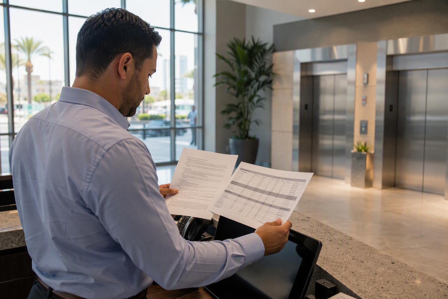Benchmarking Elevator Maintenance Costs Property manager reviewing elevator maintenance cost benchmarks and contract options in a Long Beach CA commercial building lobby with stainless-steel elevator doors in background