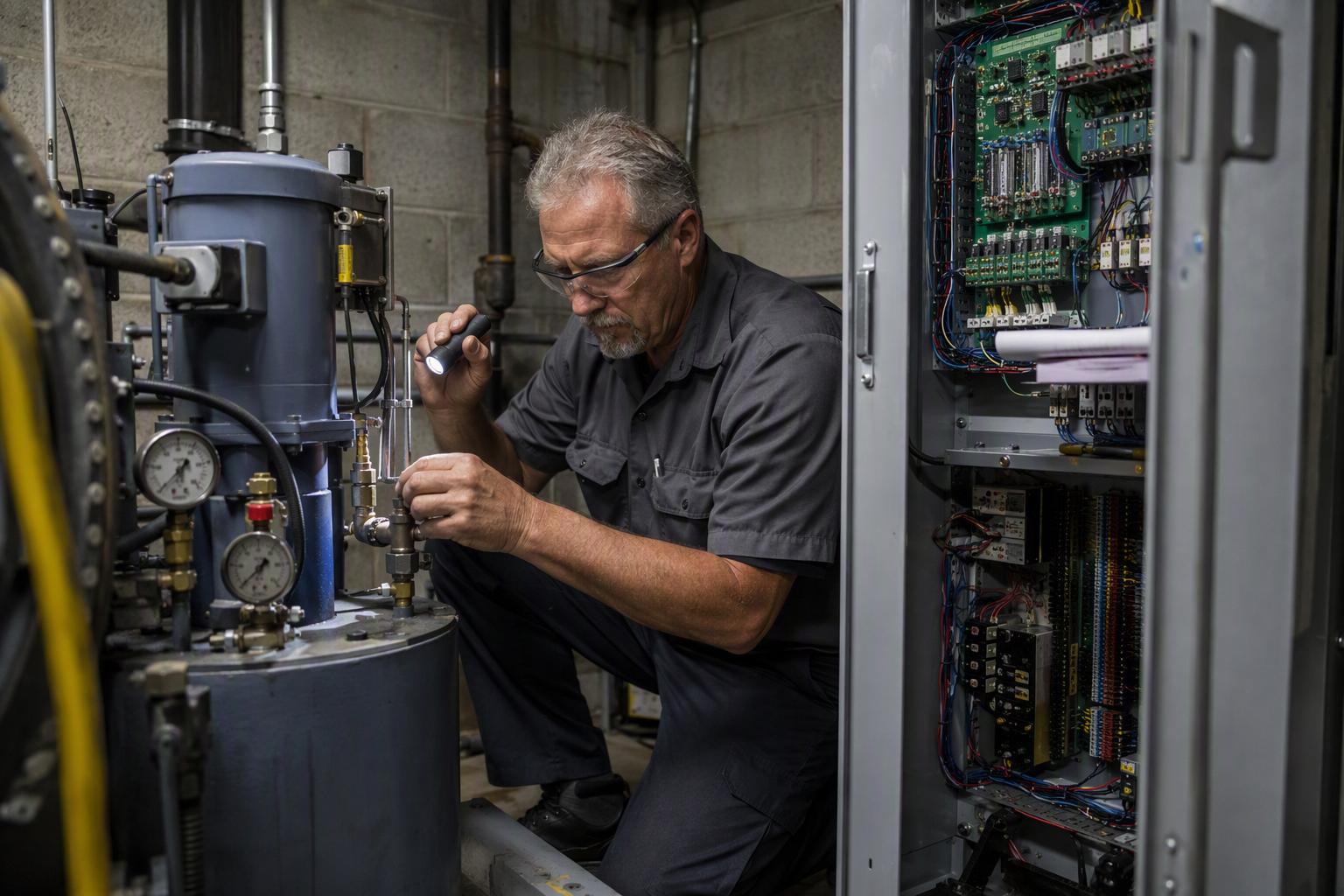 Licensed elevator mechanic inspecting hydraulic power unit and traction controller in a commercial building machine room, illustrating the equipment factors that drive annual elevator maintenance cost