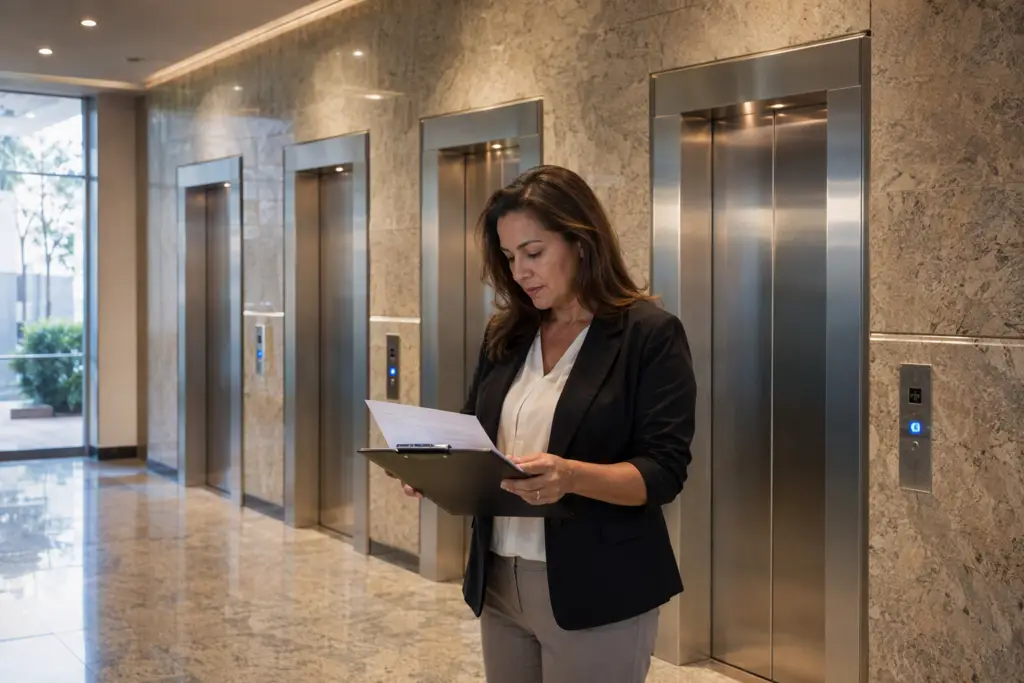 Property manager reviewing elevator maintenance cost proposals in the lobby of a commercial building in Long Beach CA, with three stainless-steel elevator doors visible behind her.