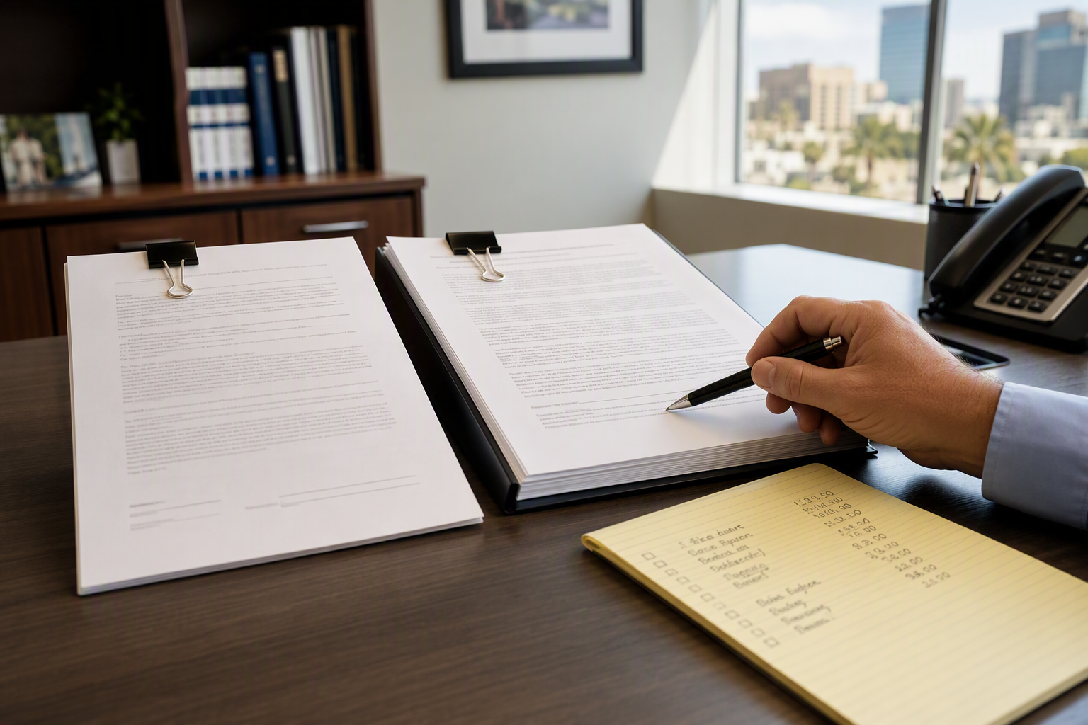 Building manager comparing basic and full-coverage elevator maintenance contracts side by side at a desk, a key decision affecting annual elevator maintenance cost for a California commercial property