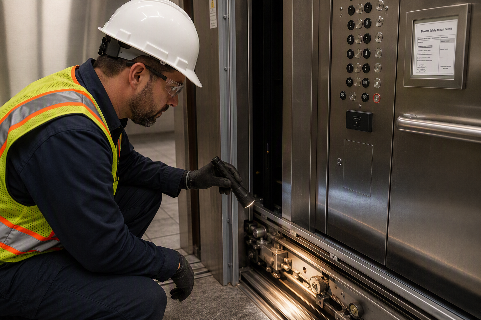 Cal/OSHA elevator inspector examining door sill and ADA-compliant control panel inside a California apartment building elevator cab during a code compliance inspection.