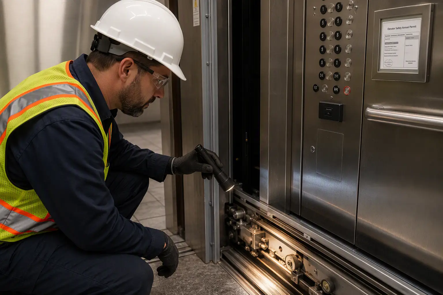 Cal/OSHA Elevator Inspection — Cab Interior Detail Cal/OSHA elevator inspector examining door sill and ADA-compliant control panel inside a California apartment building elevator cab during a code compliance inspection.