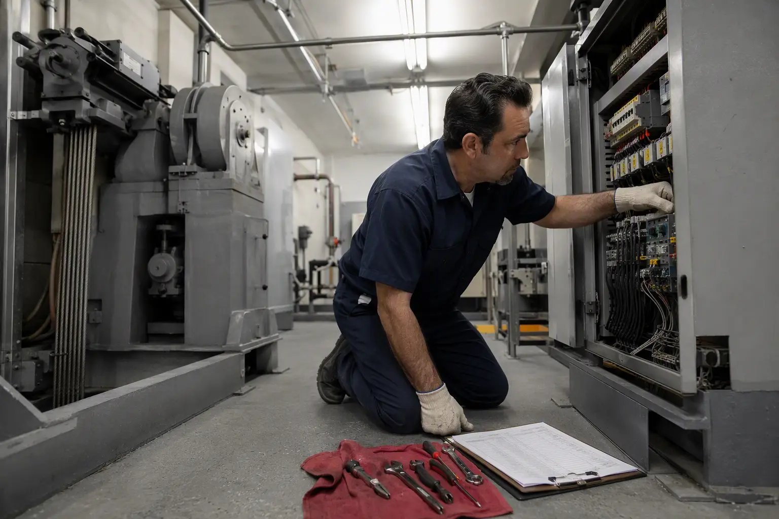 Elevator Machine Room Maintenance — California Code Requirements Licensed elevator mechanic servicing machine room controller in a Los Angeles apartment building, referencing maintenance logs required under California ASME A17.1 elevator code compliance.