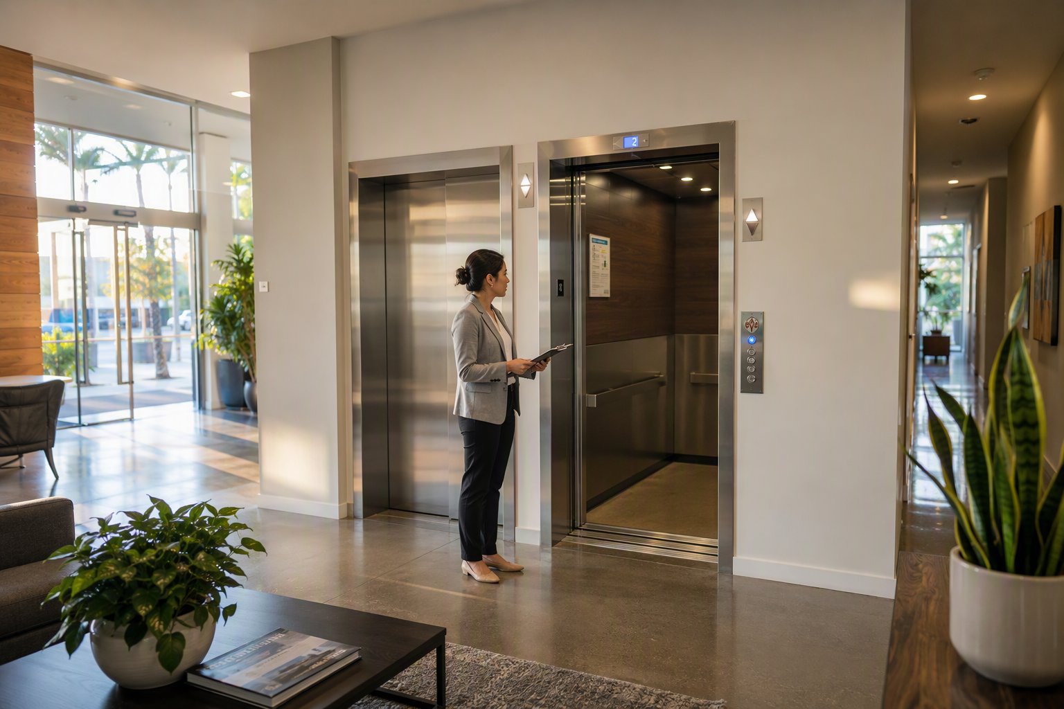 California Apartment Elevator Code Compliance — Lobby Overview Property manager reviewing elevator compliance documents in a Long Beach California apartment building lobby, with stainless steel elevator doors and posted operating permit visible.