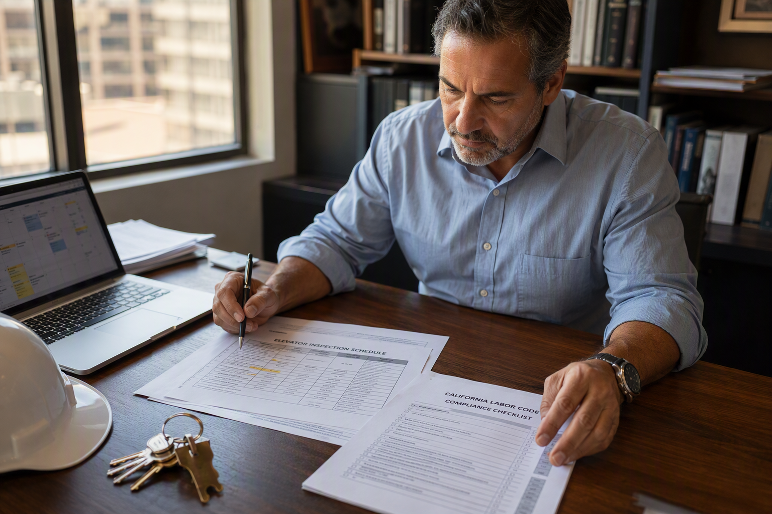 Building owner reviewing California elevator inspection scheduling requirements and compliance checklist at an office desk in Southern California.