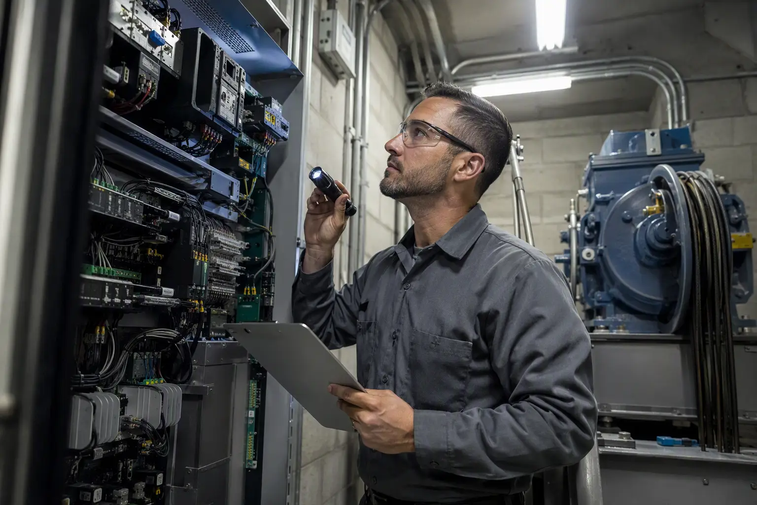 Certified elevator inspector examining machine room controller and traction equipment during a California periodic elevator inspection in a Southern California commercial building.