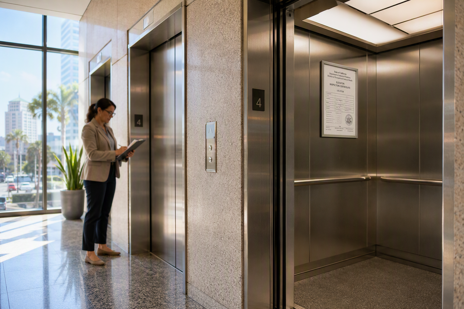 California elevator inspection certificate displayed inside a commercial elevator cab in Long Beach, with a building manager reviewing compliance documents nearby.