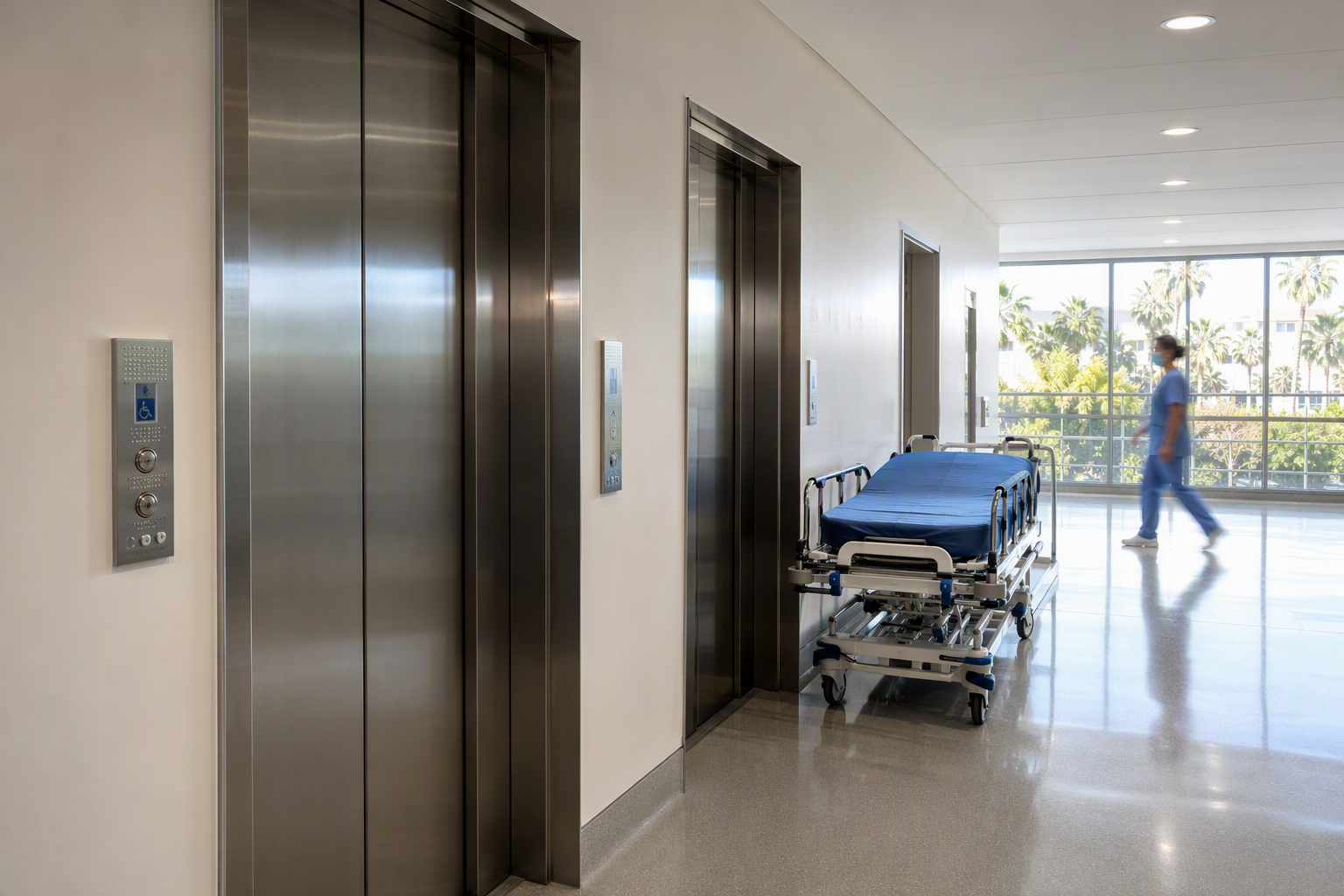 Healthcare Facility Elevator — Long Beach CA Stainless-steel hospital elevator doors with ADA Braille panels in a Long Beach CA healthcare facility corridor served by a commercial elevator service contract