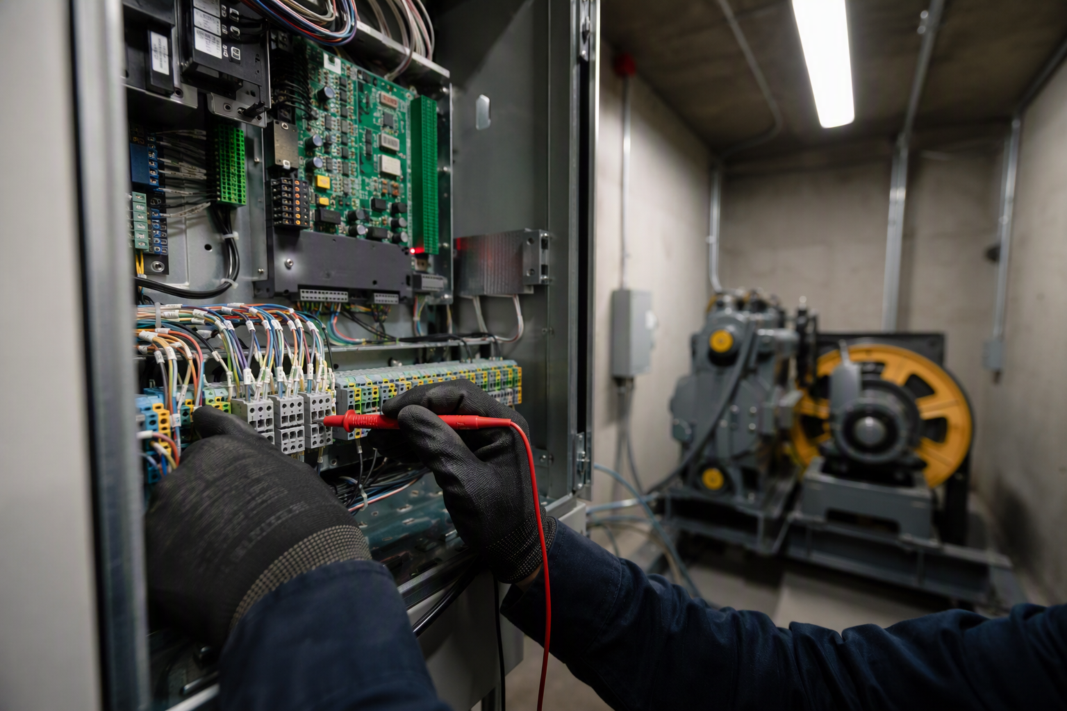 Machine Room Controller Inspection — LA County Elevator technician testing machine room controller in a Los Angeles CA commercial healthcare building during a scheduled elevator service contract maintenance visit