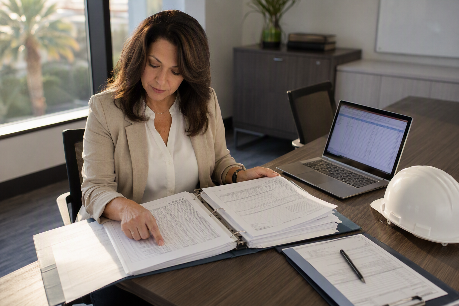 Compliance Documentation Review — Orange County CA Facilities manager reviewing elevator service contract compliance documentation and inspection logs at an Orange County CA healthcare building