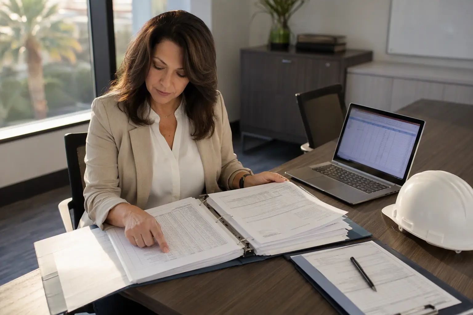 Compliance Documentation Review — Orange County CA Facilities manager reviewing elevator service contract compliance documentation and inspection logs at an Orange County CA healthcare building