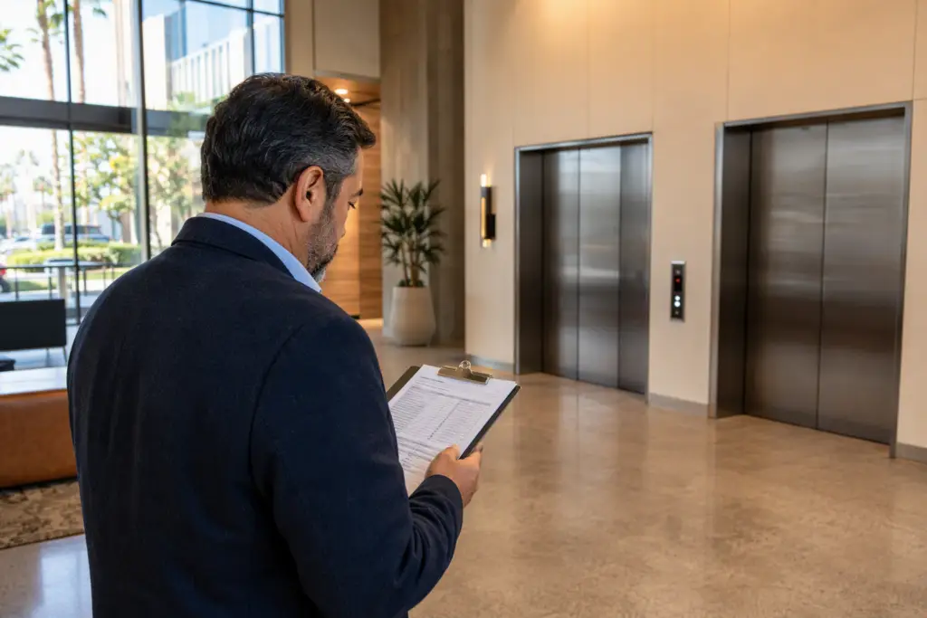 Building manager reviewing elevator inspection report in a Long Beach CA office lobby — a key step in reducing elevator accident risk through compliance.