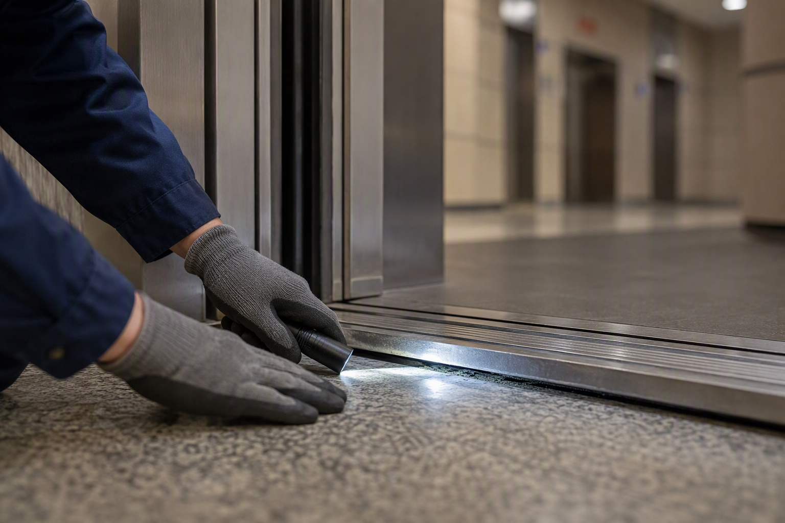 Elevator technician inspecting leveling misalignment at a cab threshold — a leading cause in elevator accident statistics for general building occupants.