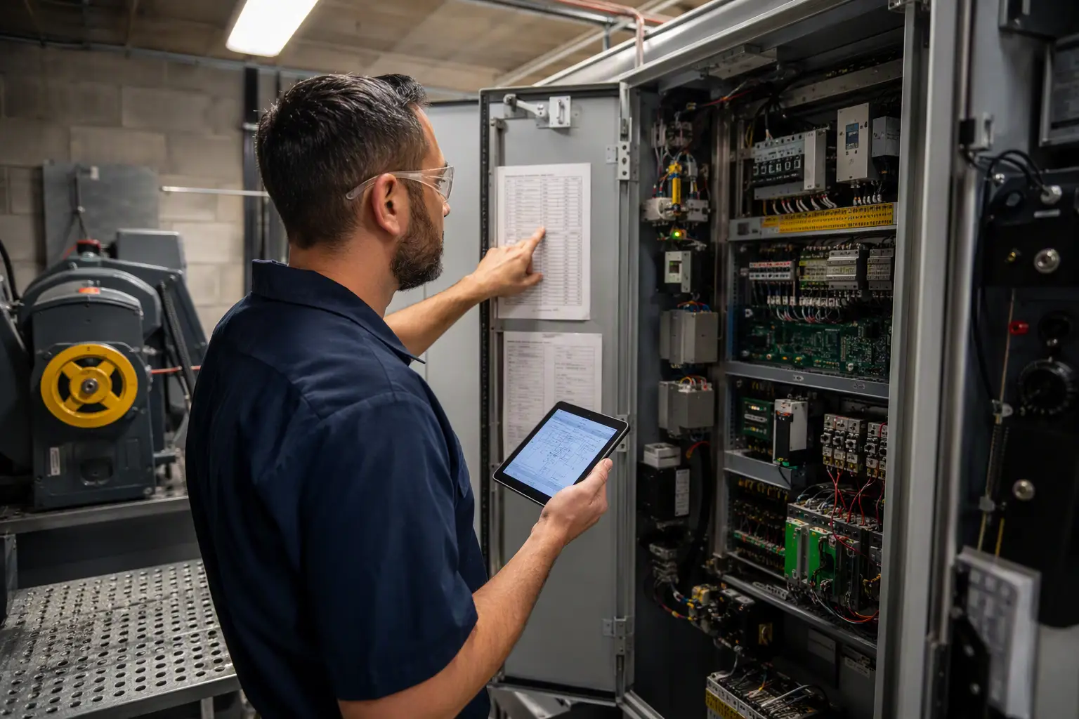 Certified elevator mechanic reviewing controller diagnostics in a Los Angeles machine room — proactive maintenance is the top strategy for improving elevator accident statistics.