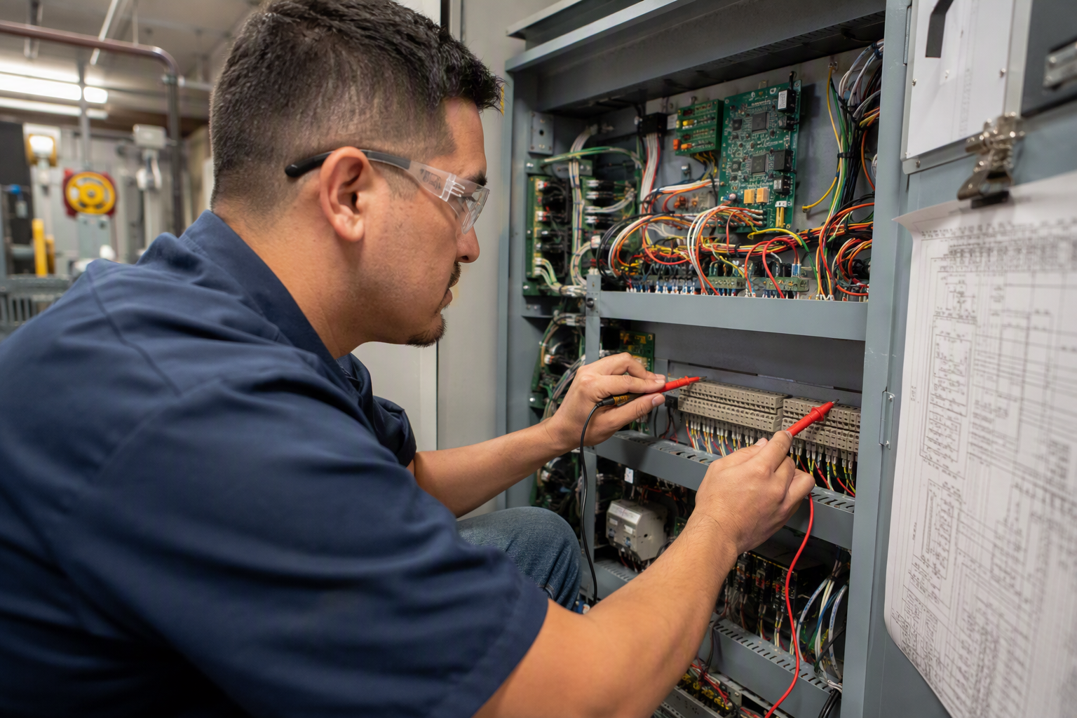 Machine-Room Controller Inspection Elevator technician inspecting a controller cabinet in a Los Angeles building machine room, a key reactive repair cost driver when budgeting elevator maintenance