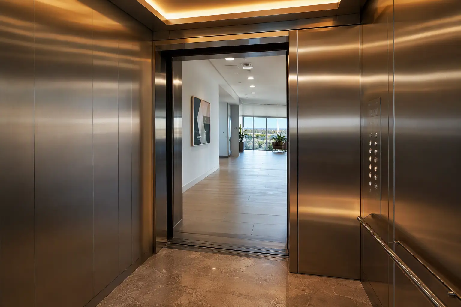Modernized Elevator Cab Interior Modernized elevator cab interior in an Orange County CA commercial building showing new stainless panels, LED lighting, and updated fixtures representing capital replacement budget costs