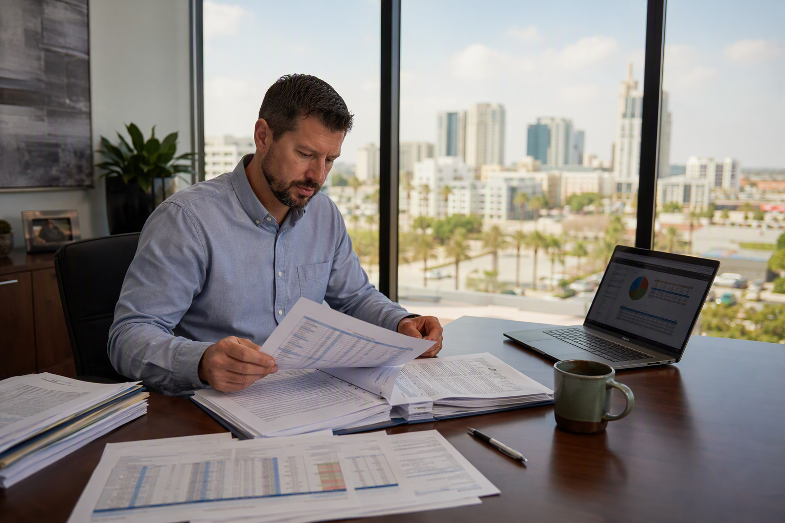 2027 Elevator Budget Planning Building manager in Long Beach CA reviewing elevator maintenance and repair budget documents for the 2027 fiscal year at a desk with a cost spreadsheet and service contract
