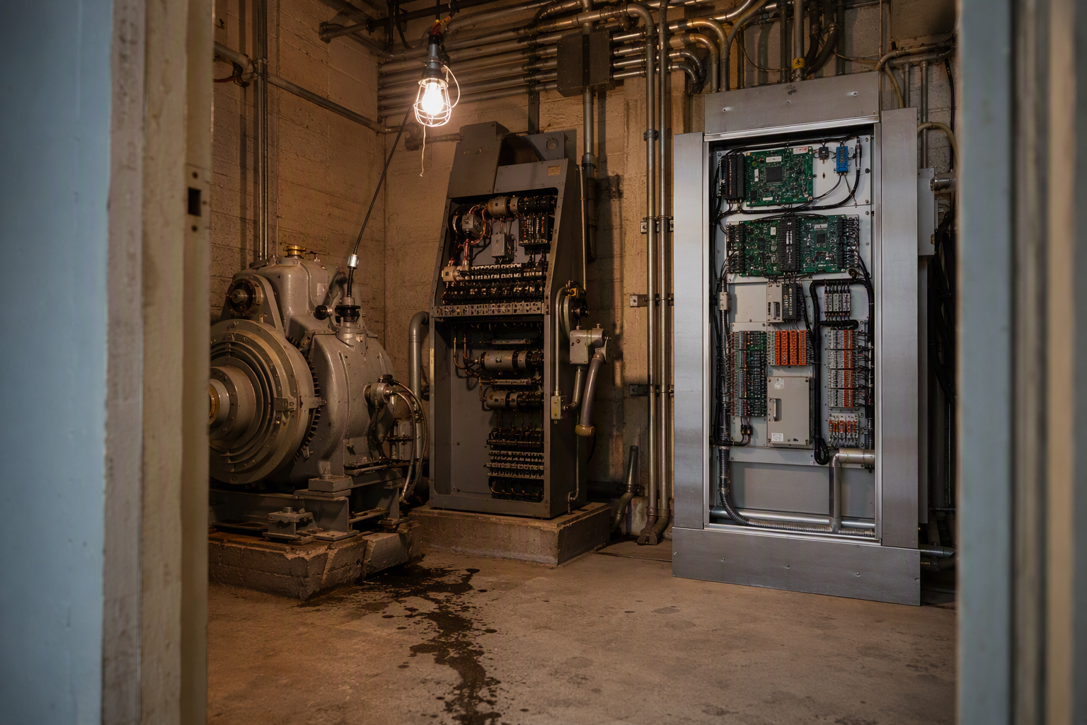 Elevator machine room in a California renovation project showing old traction controller alongside new modern replacement — equipment upgrades required under ASME A17.1 and Title 8
