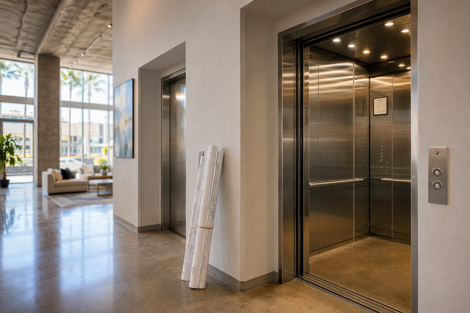 Upgraded elevator cab with ADA-compliant controls and inspection certificate in a Long Beach CA building undergoing occupancy change renovation, California code compliance