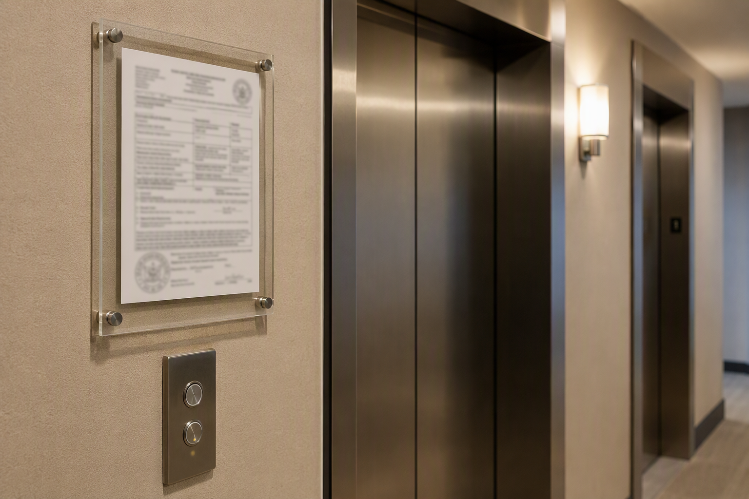 California elevator inspection certificate and call button panel in a Los Angeles apartment building hallway, illustrating regulatory compliance requirements for multifamily elevator operators