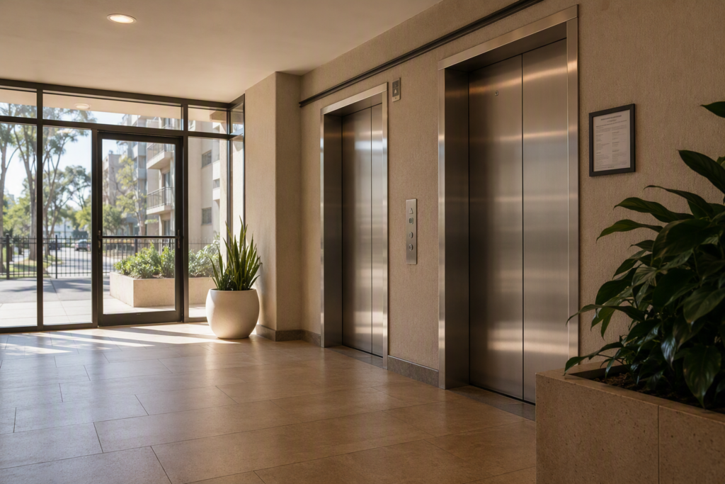 Apartment building lobby in Long Beach showing stainless-steel elevator doors and posted compliance certificate, representing elevator maintenance and compliance requirements for multifamily buildings