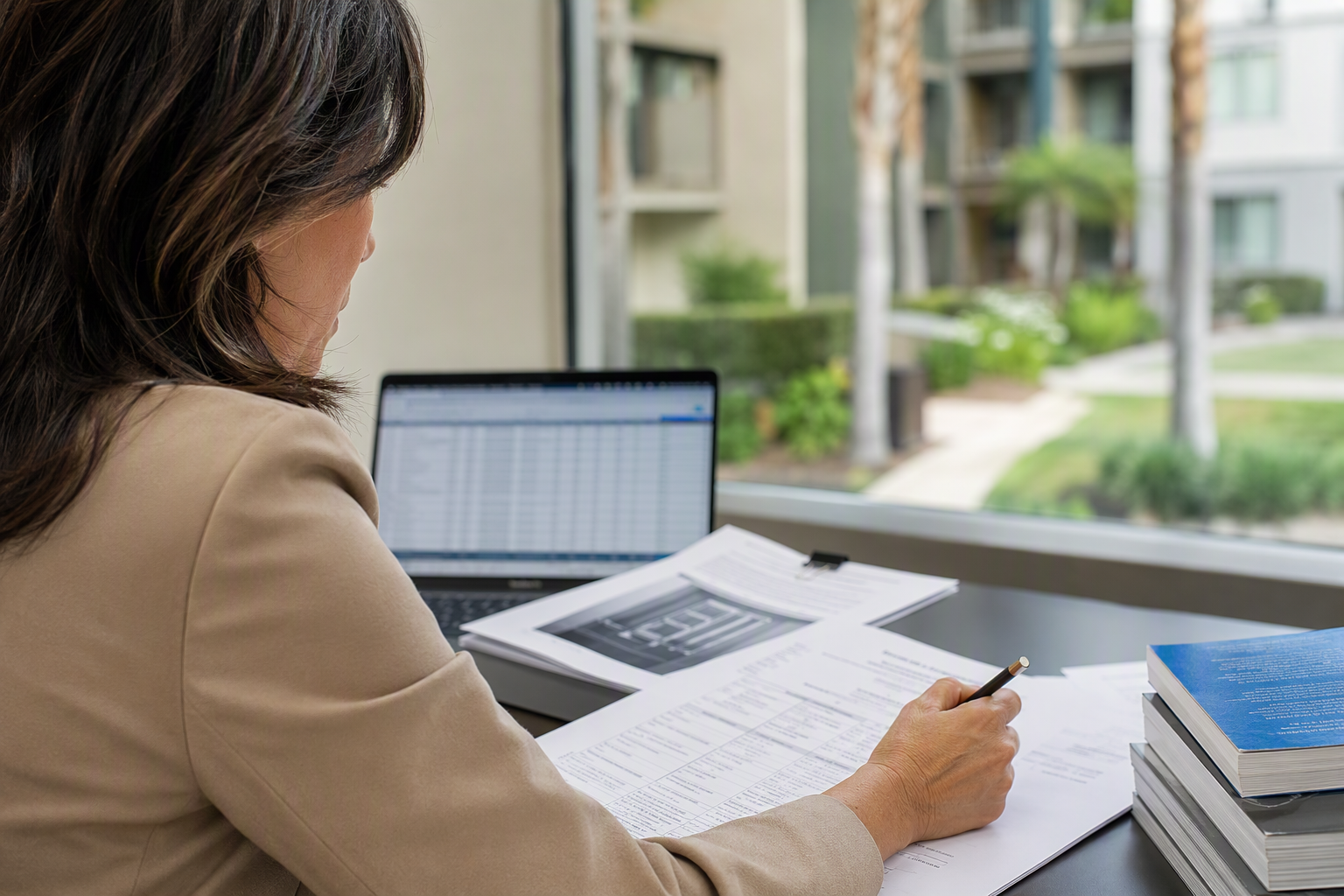 Property manager reviewing elevator maintenance contract and inspection schedule at a desk overlooking a Los Angeles apartment courtyard, representing compliance planning for multifamily buildings