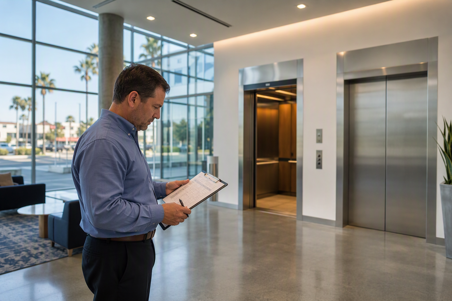 Building manager reviewing elevator downtime cost reports in a Long Beach CA commercial office lobby with one elevator out of service