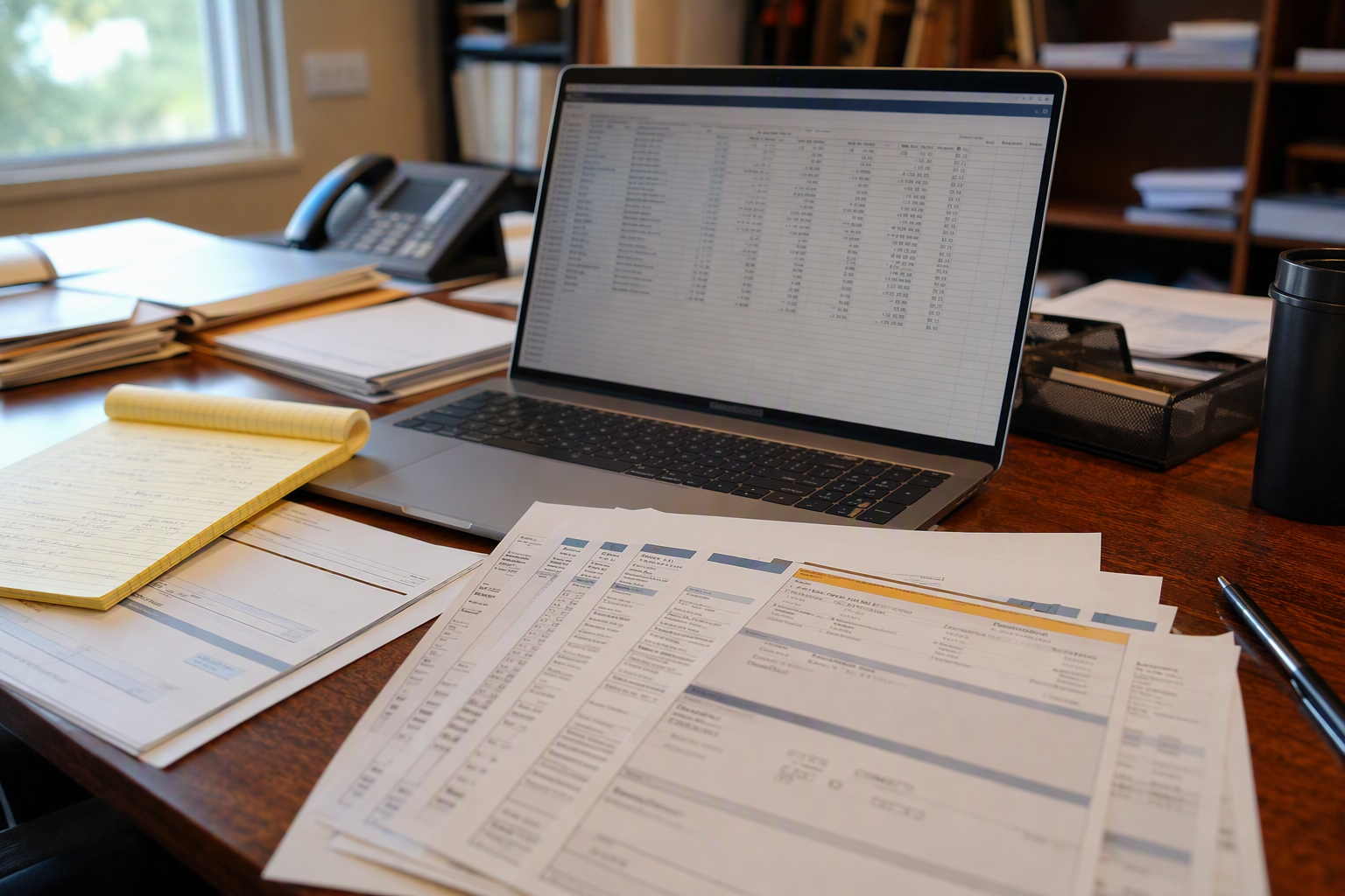 Property manager's desk with elevator emergency repair invoices and cost spreadsheets illustrating elevator downtime expense categories