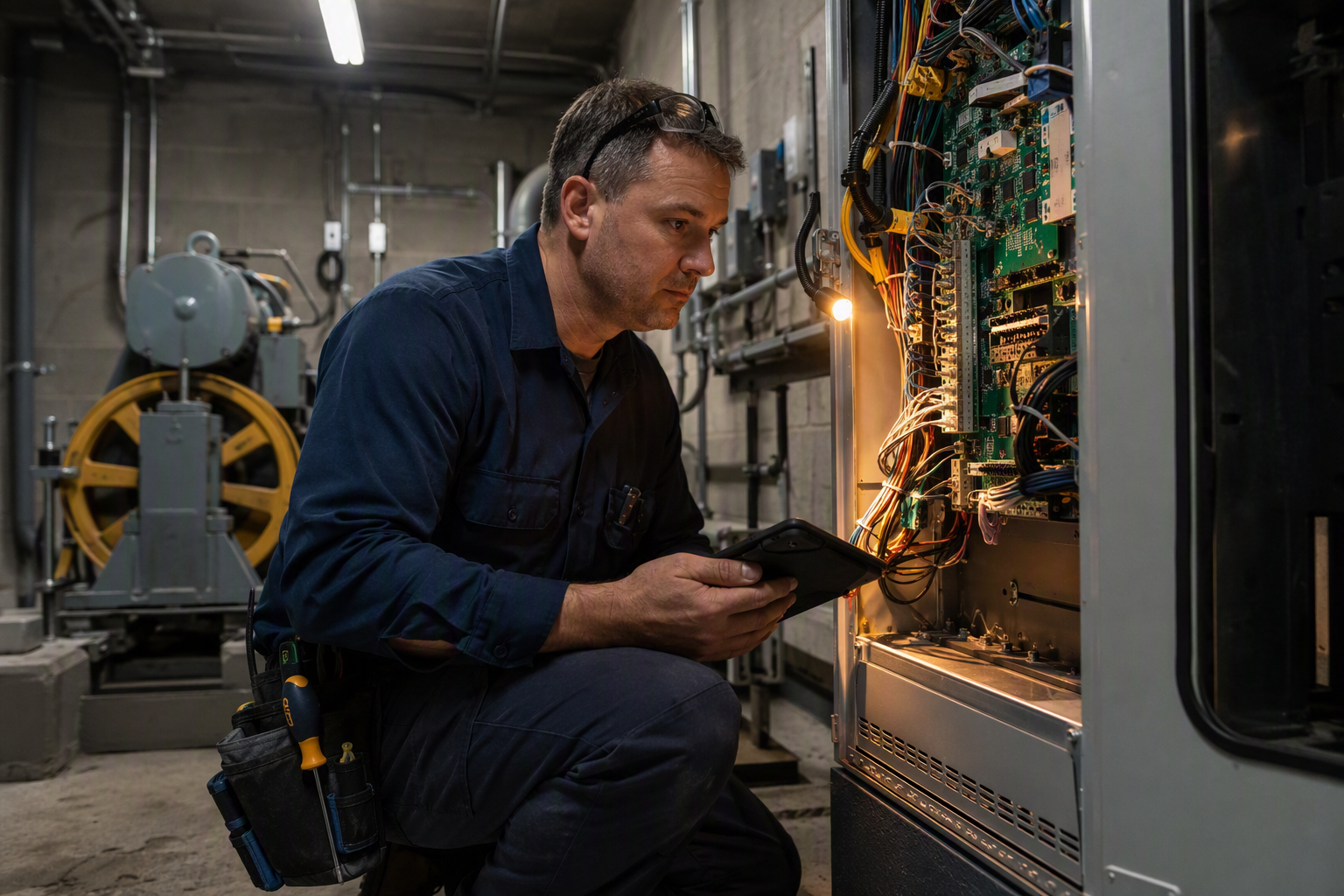 Elevator technician diagnosing controller failure in a machine room, illustrating OSHA compliance and repair risks tied to elevator downtime