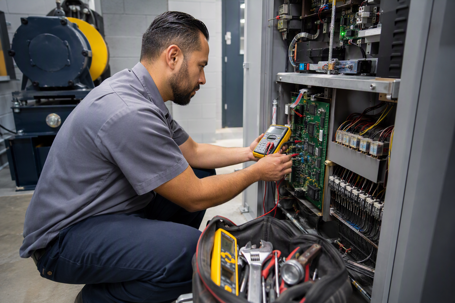 Elevator mechanic diagnosing a drive system fault in a machine room controller during an entrapment service call in Los Angeles County CA