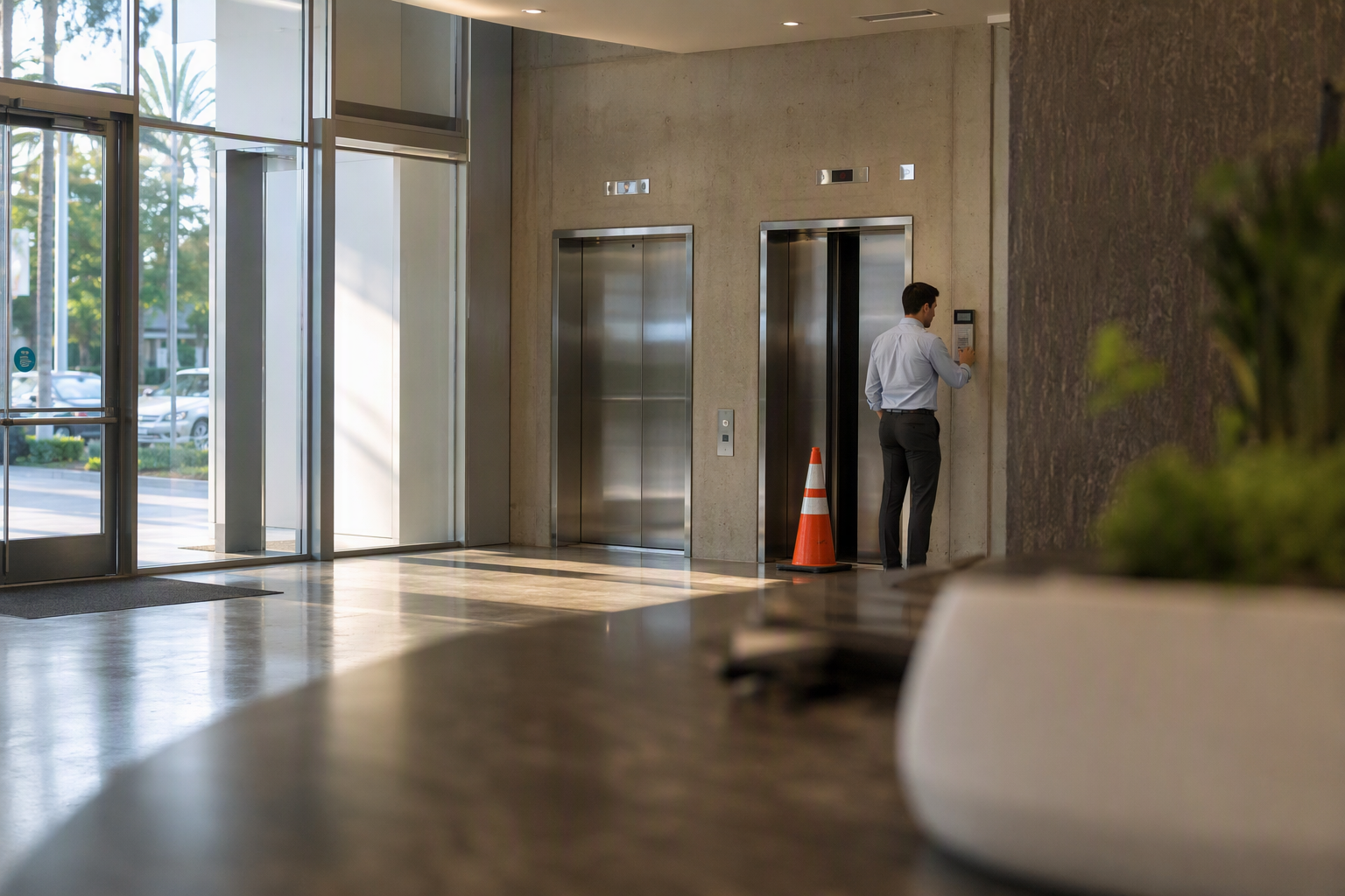 Building manager using lobby intercom to communicate with trapped elevator passengers during an entrapment in a Long Beach CA commercial building