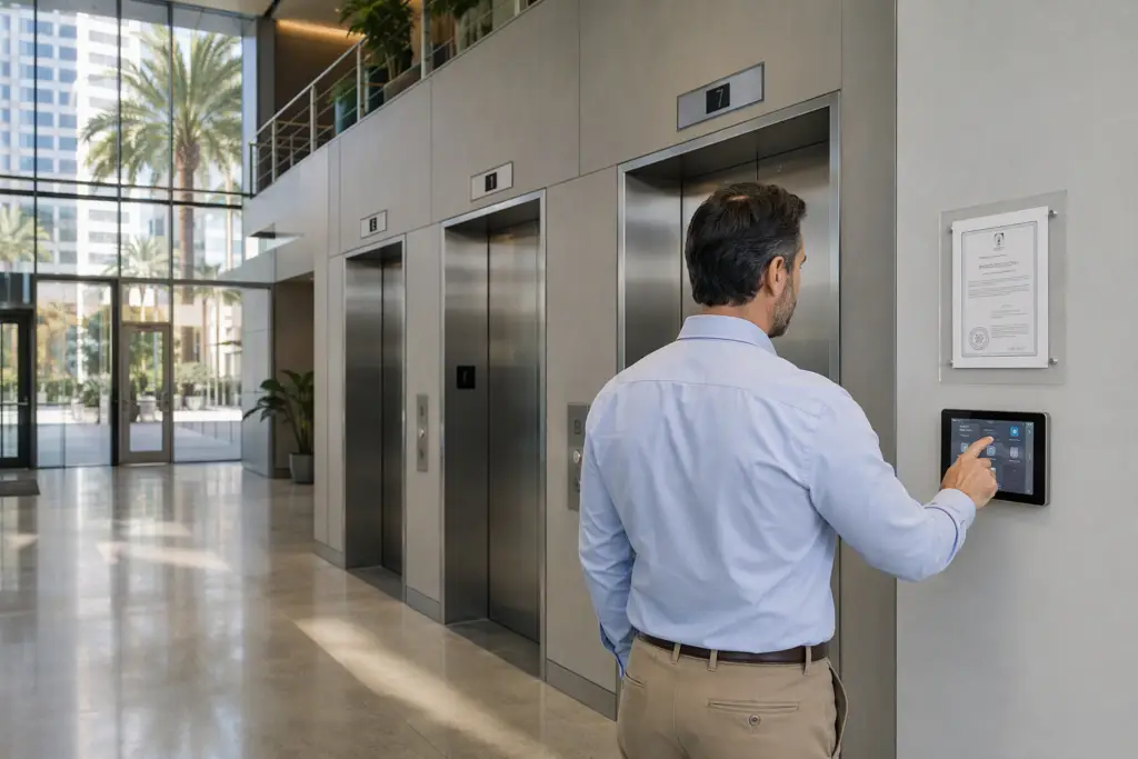 Building manager reviewing elevator inspection certificate in a modern Long Beach CA high-rise lobby — elevator industry statistics and compliance 2025