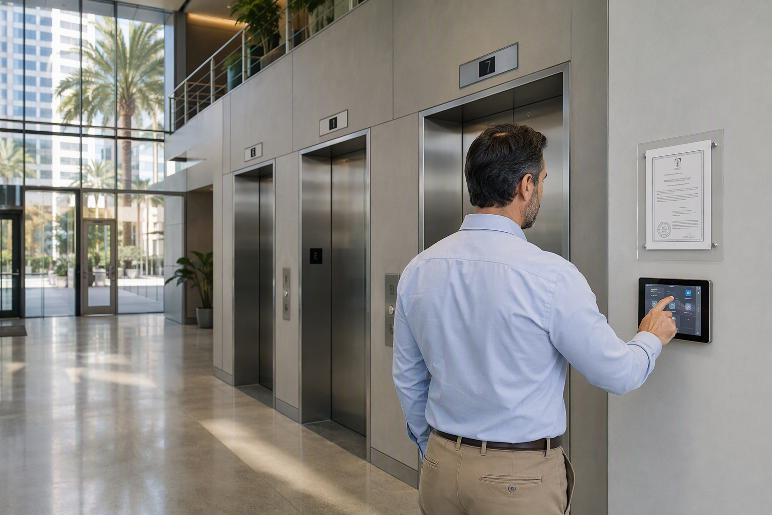 Elevator Industry Overview — Commercial Lobby 2025 Building manager reviewing elevator inspection certificate in a modern Long Beach CA high-rise lobby — elevator industry statistics and compliance 2025