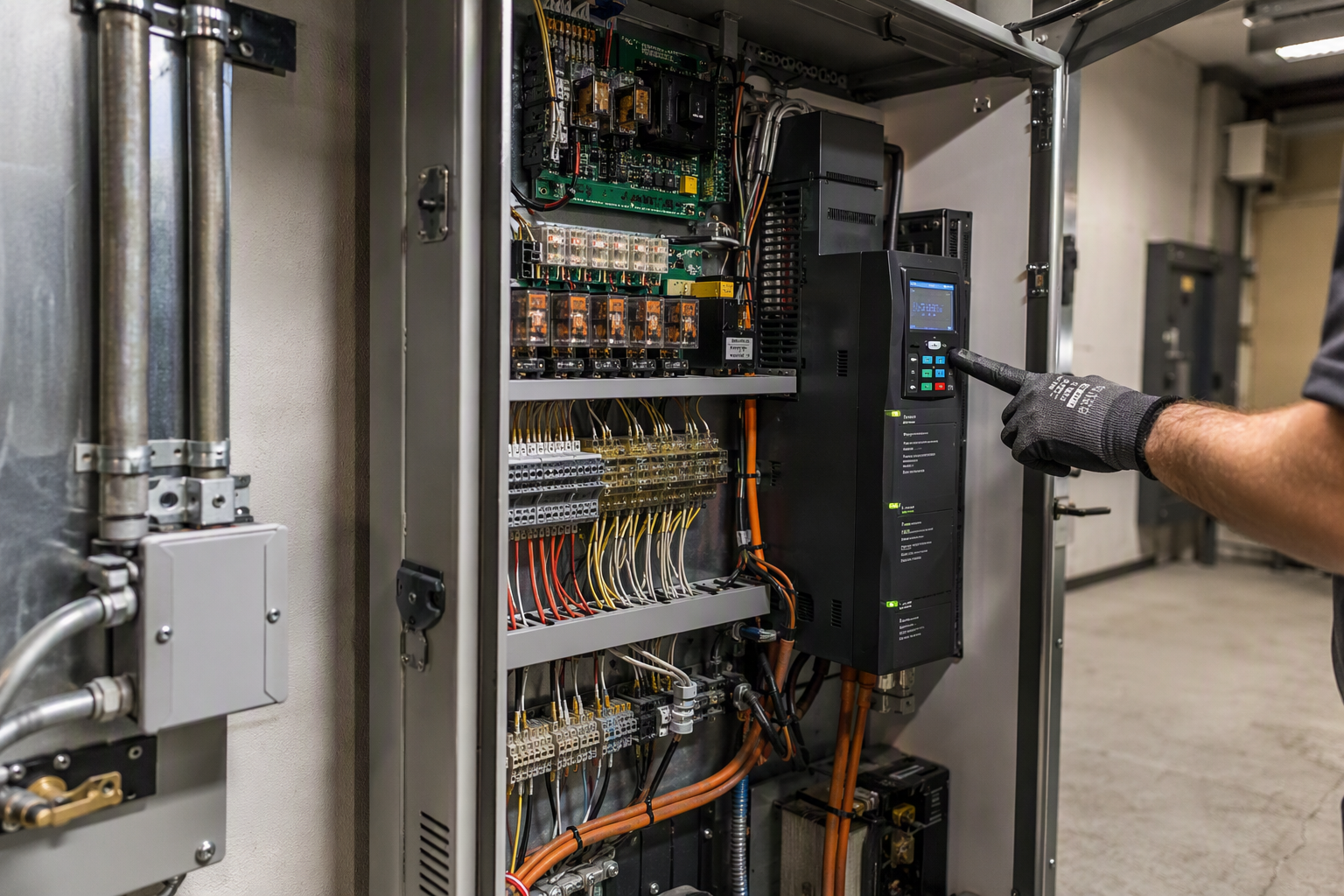 Traction Elevator Controller — Machine Room Detail Elevator machine room controller and variable-frequency drive unit in a Los Angeles commercial building, reflecting 2025 elevator industry modernization trends
