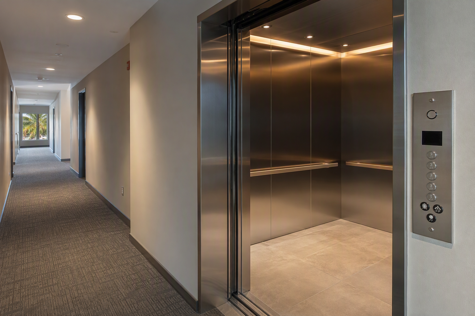 Modernized Elevator Cab Interior — Orange County Residential Newly modernized residential elevator cab with ADA-compliant fixtures in an Orange County CA mid-rise building, illustrating 2025 elevator modernization and accessibility statistics