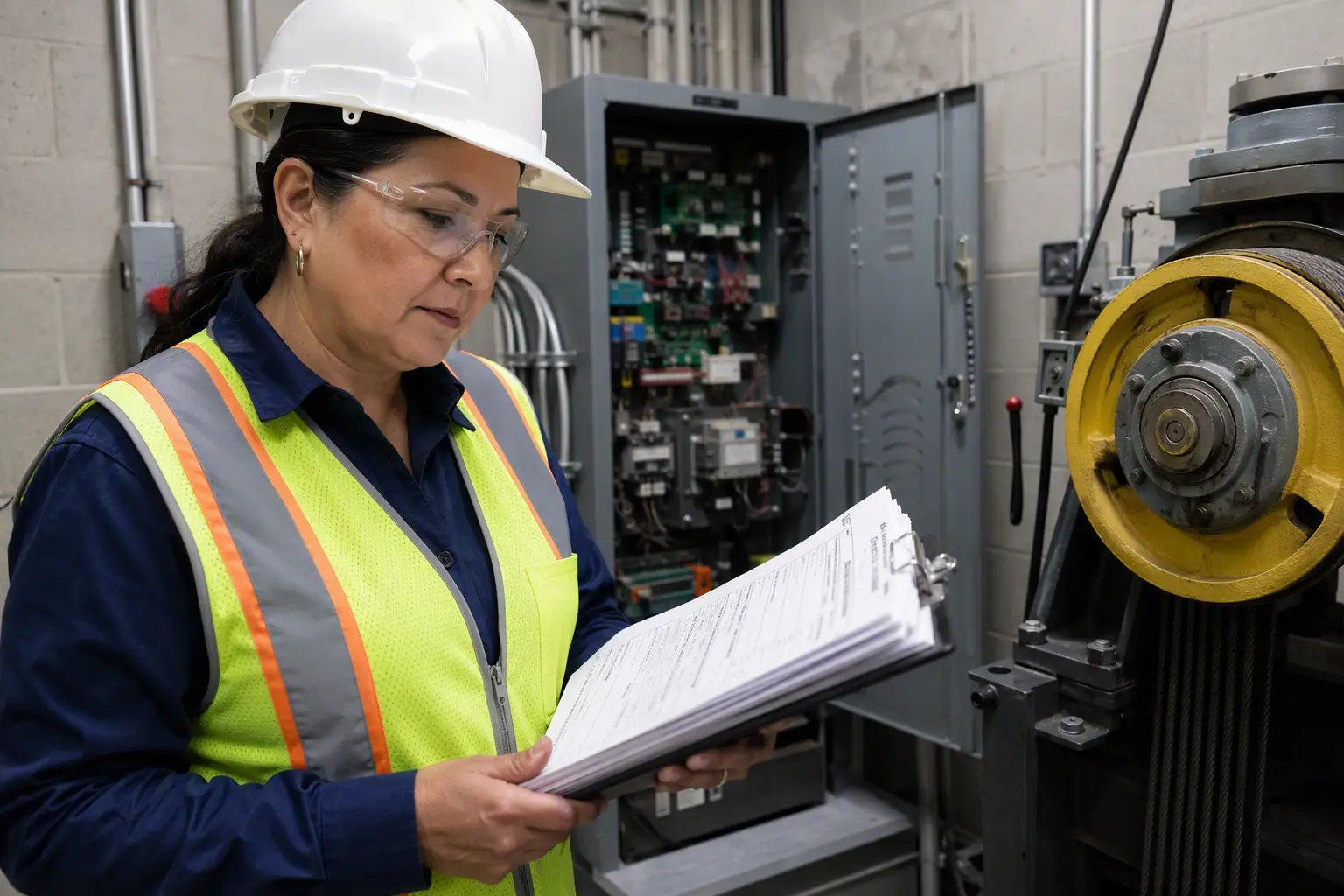 Female compliance inspector reviewing elevator maintenance logs and corrective action records in a California senior living facility machine room, reflecting heightened documentation requirements.