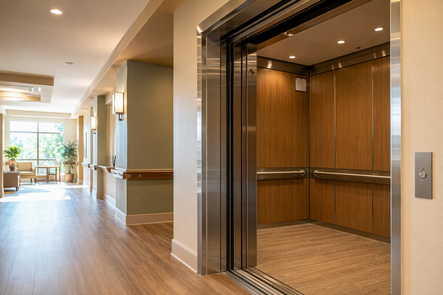 Wide shot of an open, ADA-compliant elevator cab with three-sided handrails in a California senior living facility corridor, illustrating life-safety maintenance requirements.