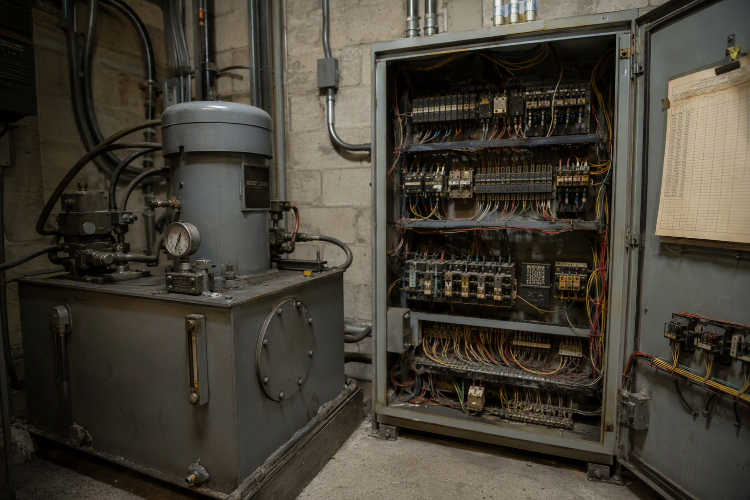 Elevator machine room showing hydraulic power unit and aging controller panel, representing the major components often excluded from full-maintenance elevator service contracts
