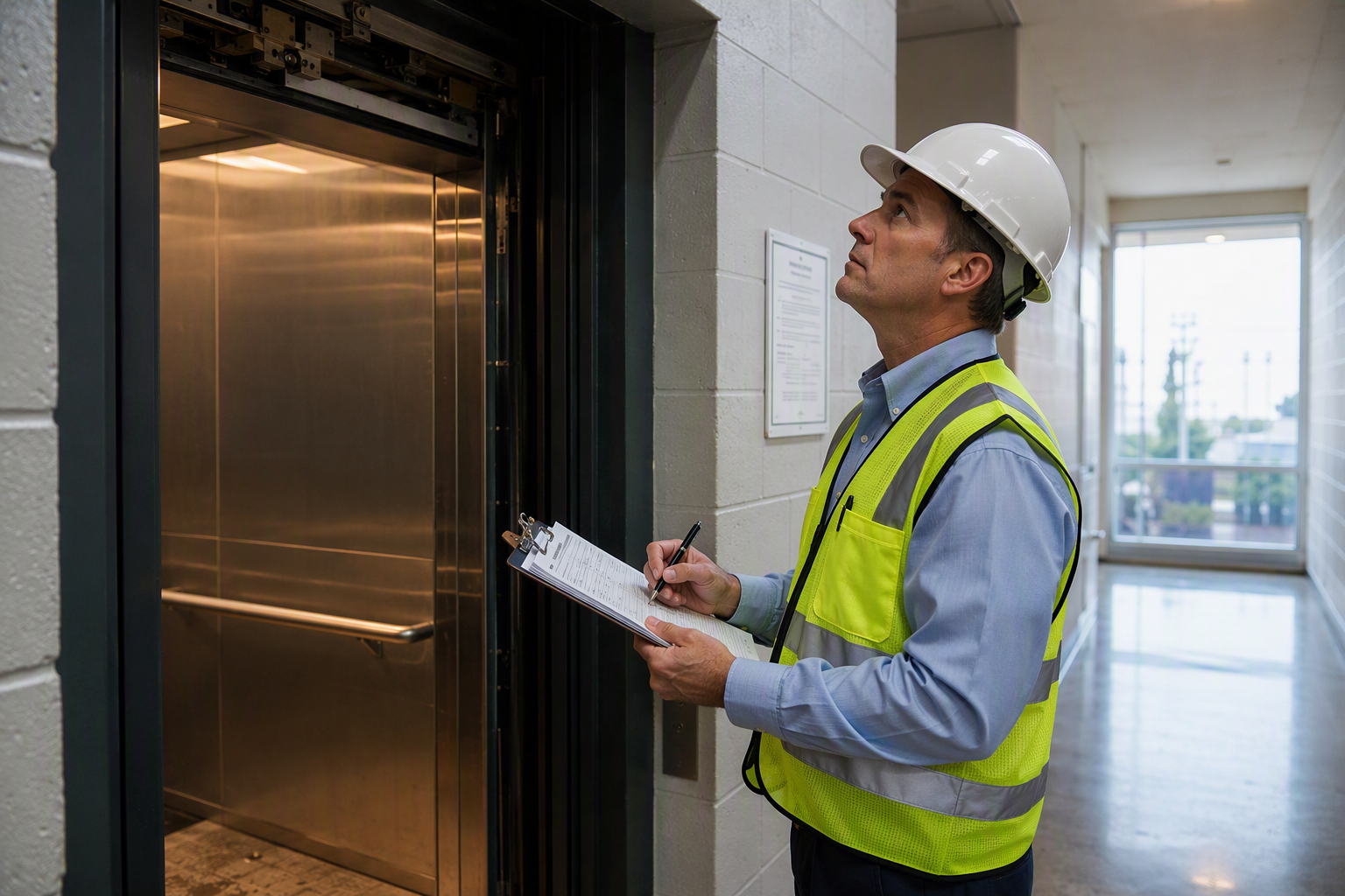 Certified elevator inspector reviewing ASME A17.1 compliance documentation at a hoistway door during a periodic safety inspection in a Southern California commercial building