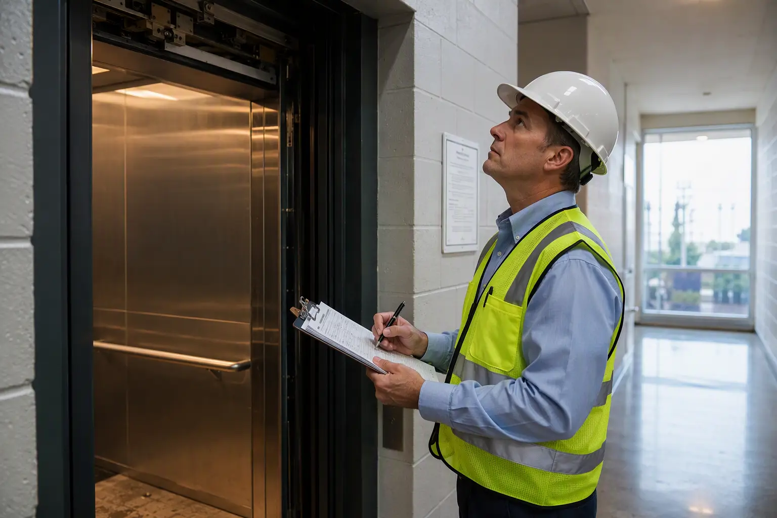 Certified elevator inspector reviewing ASME A17.1 compliance documentation at a hoistway door during a periodic safety inspection in a Southern California commercial building